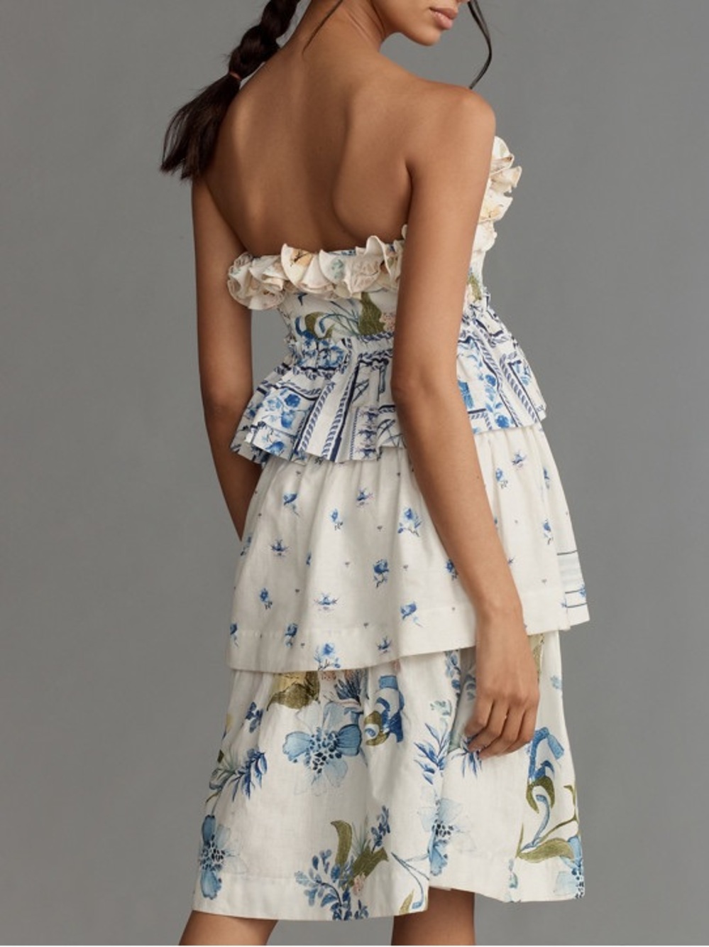 Maeve Anthropologie Linen Strapless Ruffle Tiered Floral Dress L - Picture 3 of 12